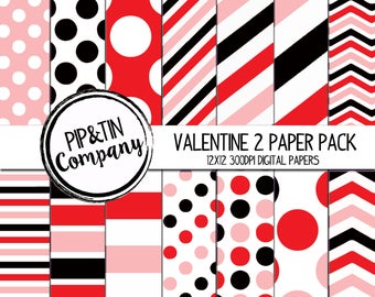 Valentine 2 Digital Paper Pack, Scrapbook Paper, Pink, Red, Black, Instant Download,  Polka Dots Stripes