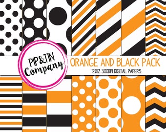 Orange and Black Digital Paper Pack, Scrapbook Paper, Instant Download,  Polka Dots Stripes