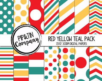 Red, Yellow and Teal Digital Paper Pack, Scrapbook Paper, Red, Teal, Yellow, Instant Download,  Polka Dots Stripes