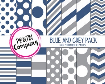 Blue and Grey Digital Paper Pack, Scrapbook Paper, Instant Download,  Polka Dots Stripes