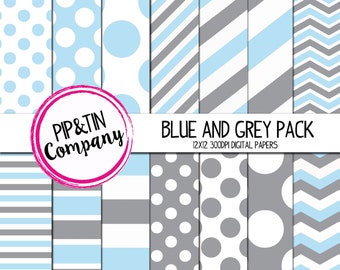 Blue and Grey Digital Paper Pack, Scrapbook Paper, Instant Download,  Polka Dots Stripes