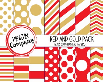 Red and Gold Digital Paper Pack, Scrapbook Paper, Red, Green, Instant Download,  Polka Dots Stripes