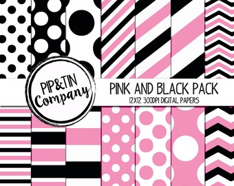 Pink and Black Digital Paper Pack, Scrapbook Paper, Instant Download,  Polka Dots Stripes