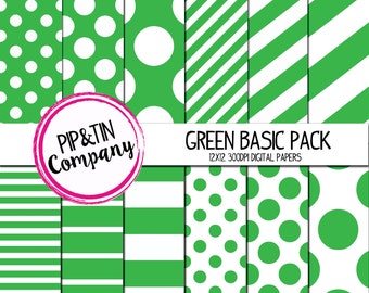 Green 2 Digital Paper Pack, Green and White Scrapbook Paper, Instant Download,  Polka Dots Stripes