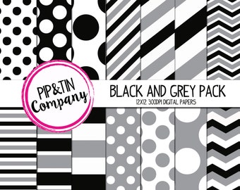 Black and Grey Digital Paper Pack, Scrapbook Paper, Instant Download,  Polka Dots Stripes