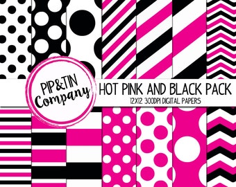 Hot Pink and Black Digital Paper Pack, Scrapbook Paper, Instant Download,  Polka Dots Stripes