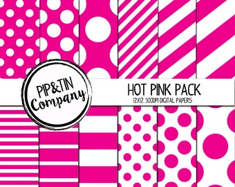 Hot Pink Digital Paper Pack, Pink and White  Scrapbook Paper, Instant Download, Polka Dots Stripes