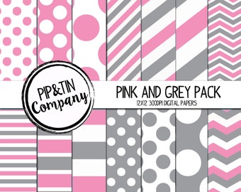 Pink and Grey Digital Paper Pack, Scrapbook Paper, Instant Download,  Polka Dots Stripes