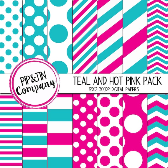 Teal And Hot Pink Digital Paper Pack Scrapbook Paper Pink Etsy
