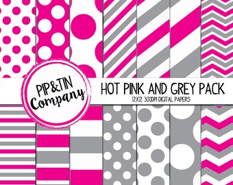 Hot Pink and Grey Digital Paper Pack, Scrapbook Paper, Instant Download,  Polka Dots Stripes