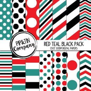 Red, Teal and Black Digital Paper Pack, Scrapbook Paper, Red, Teal, Black, Instant Download,  Polka Dots Stripes