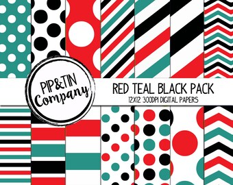 Red, Teal and Black Digital Paper Pack, Scrapbook Paper, Red, Teal, Black, Instant Download,  Polka Dots Stripes