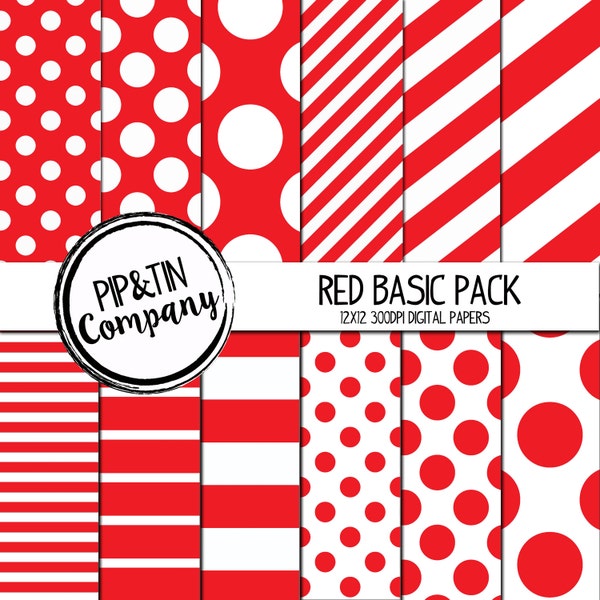 Red Digital Paper Pack, Red and White  Scrapbook Paper, Instant Download, Polka Dots Stripes