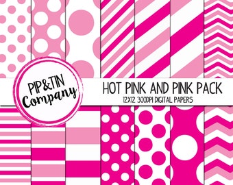 Hot Pink and Pink Digital Paper Pack, Scrapbook Paper, Red, Green, Instant Download,  Polka Dots Stripes
