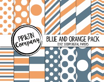 Blue and Orange Digital Paper Pack, Scrapbook Paper, Instant Download,  Polka Dots Stripes
