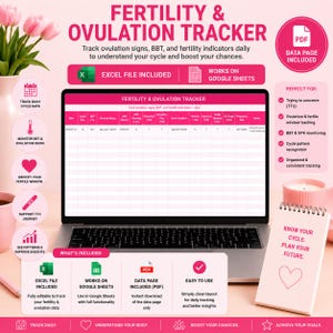 Puede incluir: Un rastreador digital de fertilidad y ovulación en la pantalla de una computadora portátil, con columnas para el día del ciclo, temperatura basal, moco cervical y resultados de pruebas. Incluye detalles en rosa, un cuaderno de espiral y compatibilidad con hojas de cálculo.