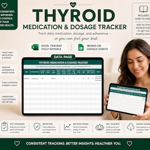 Puede incluir: Un rastreador digital de medicamentos y dosis para la tiroides en la pantalla de una tableta. La interfaz incluye columnas para fecha, nombre del medicamento, dosis, hora de toma, dosis omitidas, necesidad de resurtido, energía y notas.