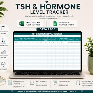 Puede incluir: Un portátil muestra una hoja de cálculo TSH & Hormone Level Tracker. La pantalla muestra una tabla de datos con columnas para resultados de laboratorio y síntomas. La imagen incluye iconos para rastrear, monitorear y mantenerse informado, con texto: "Excel Tracker Fully Editable" y "Works on Google Sheets."