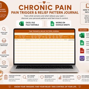 Op de afbeelding: Een laptop toont een "Chronic Pain Trigger & Relief Pattern Journal" met Excel- en Google Sheets-opties. De afbeelding bevat pictogrammen voor het volgen van pijn en verlichting. De tekst luidt: "Ken je triggers. Vind je verlichting."
