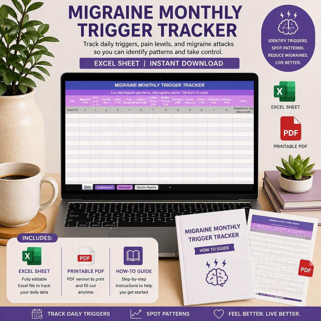 Migraine Trigger Tracker Spreadsheet, Monthly Headache Log (excel ...