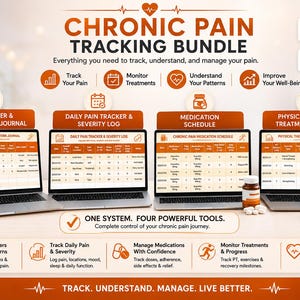 Op de afbeelding: Een digitale bundel voor het volgen van chronische pijn, weergegeven op vier laptops. De bundel bevat een pijntriggerdagboek, een dagelijkse pijntracker, een medicatieschema en een voortgangstracker voor fysiotherapie.