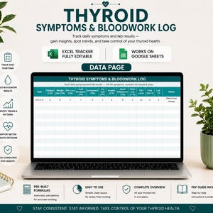 Thyroid Symptom Tracker Spreadsheet, Bloodwork Log, TSH T3 T4 Results (Excel/Google Sheets)
