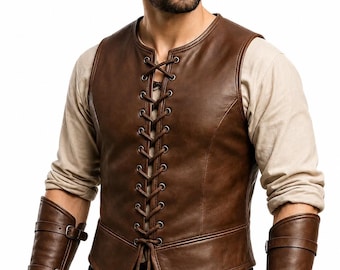 Handmade Men's Medieval Leather Vest, Renaissance Costume with Bracers, Gift for Him