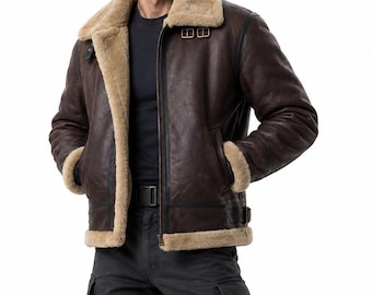 Men's Brown Shearling Leather Aviator Jacket, Winter B3 Bomber, Cosplay Costume