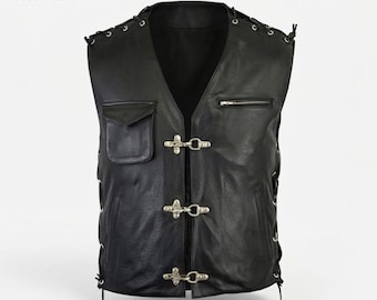 Men's Cowhide Leather Biker Vest | Fish Hook Closure, Side Laced Motorcycle Waistcoat