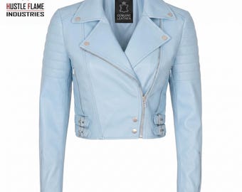 Sky Blue Cropped Moto Jacket | Women’s Genuine Leather Biker Coat