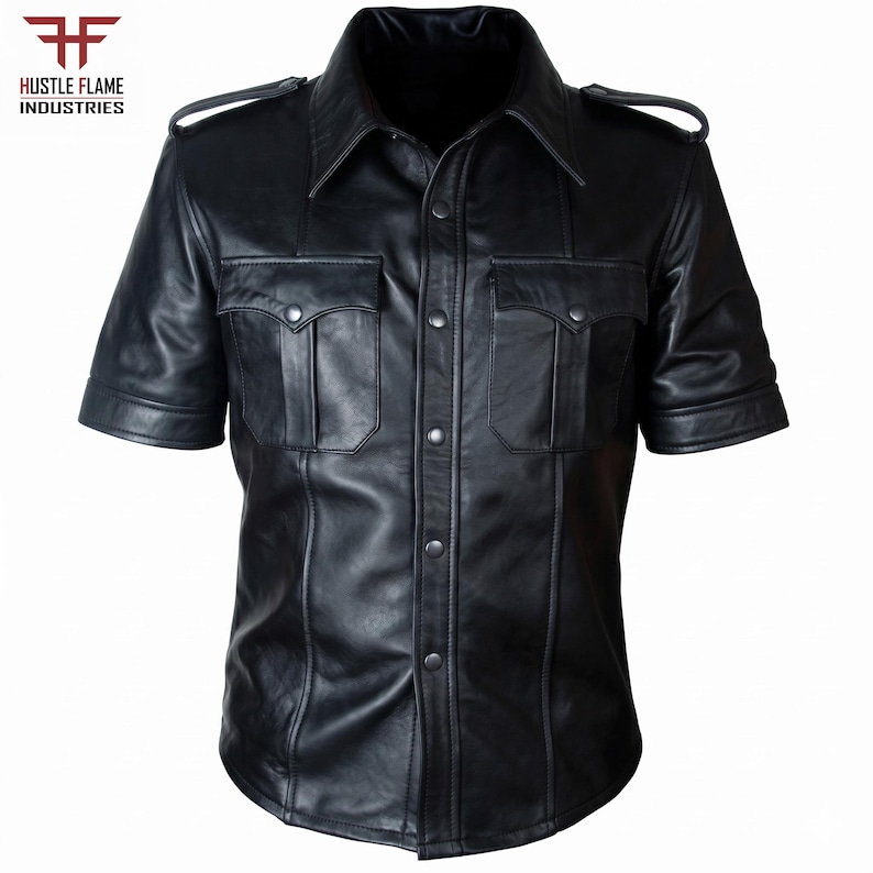Men's Black Leather Police Shirt | Military Biker Style, Snap Button Top (Custom Fit)
