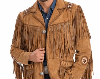 Men’s Western Suede Fringe Jacket, Cowboy Leather Coat, Beaded Western Jacket, Native American Style Suede Coat