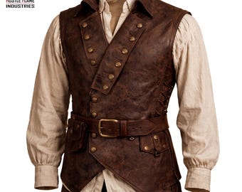 Men's Leather Pirate Vest, Renaissance Steampunk Waistcoat, Custom Fit LARP Costume