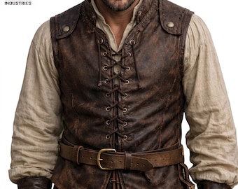 Handmade Distressed Leather Pirate Vest, Lace-Up Captain Waistcoat, Steampunk Renaissance Cosplay