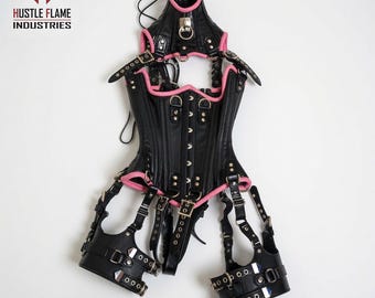 Black Leather Corset Harness Set, Pink Trim, Gothic Multi-Strap Outfit