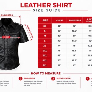 May include: A black short-sleeved leather shirt with a collar, button-down front, and two chest pockets. The image includes a size guide chart with measurements in inches ranging from XS to 5XL and instructions on how to measure the garment.