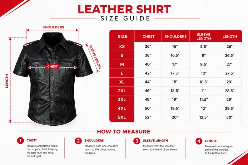 May include: A black short-sleeved leather shirt with a collar, button-down front, and two chest pockets. The image includes a size guide chart with measurements in inches ranging from XS to 5XL and instructions on how to measure the garment.