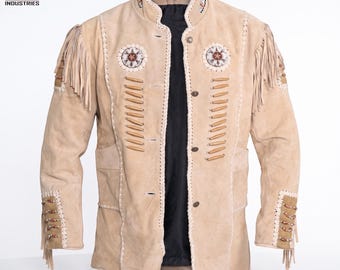 Men’s Native Western Suede Leather Jacket | Fringed Cowboy Coat | Beaded Western Style