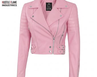 Women’s Pink Leather Biker Jacket | Cropped Moto Slim Fit Coat