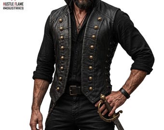 Men's Gothic Leather Vest, Renaissance Pirate Waistcoat, Lace-Up Side, Steampunk Cosplay Costume