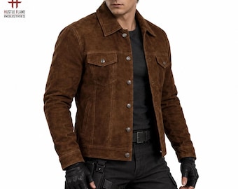 Men’s Classic Brown Suede Trucker Jacket | Vintage Western Shirt Collar Leather Outerwear