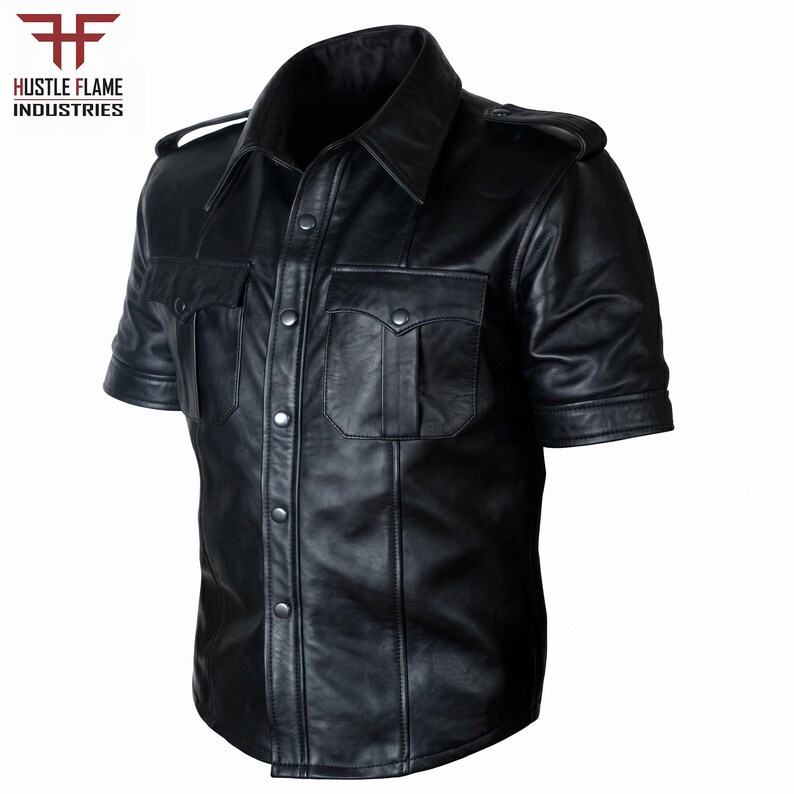 May include: A black short-sleeved shirt made of leather featuring a pointed collar, a front button-down closure with metallic snaps, two chest pockets with flaps, and shoulder epaulets. The Hustle Flame Industries logo is visible in the corner.