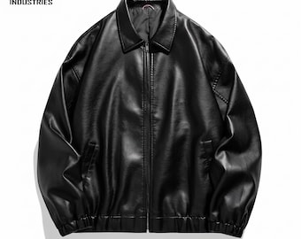 Handmade Vintage Black Leather Bomber Jacket for Mens 90s Retro