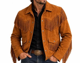 Men's Suede Fringe Jacket, Brown Cowboy Western Style, Custom Fit
