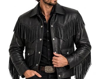 Men's Black Sheep Leather Fringe Jacket, Western Cowboy Style, Handcrafted Biker Coat
