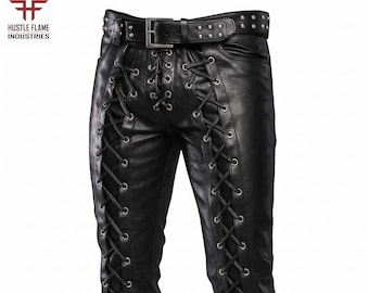 Custom Black Leather Pants | Lace-Up Gothic Biker Trousers (Genuine Sheep Leather)