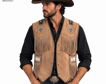 Men's Suede Fringe Vest | Handmade Cowboy Leather Waistcoat, Western Ranch Wear