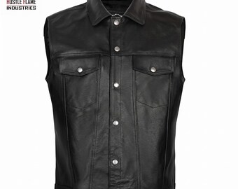 Men's Genuine Buffalo Leather Motorcycle Vest – Classic Club Style Biker Waistcoat
