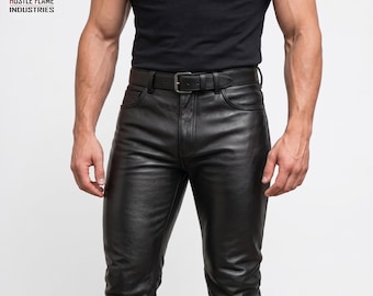 Men's Handmade Sheepskin Leather Slim Fit Biker Pants, Black Motorcycle Trousers