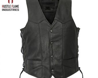 Men's Genuine Cowhide Leather Biker Vest – Adjustable Side Lacing Motorcycle Waistcoat